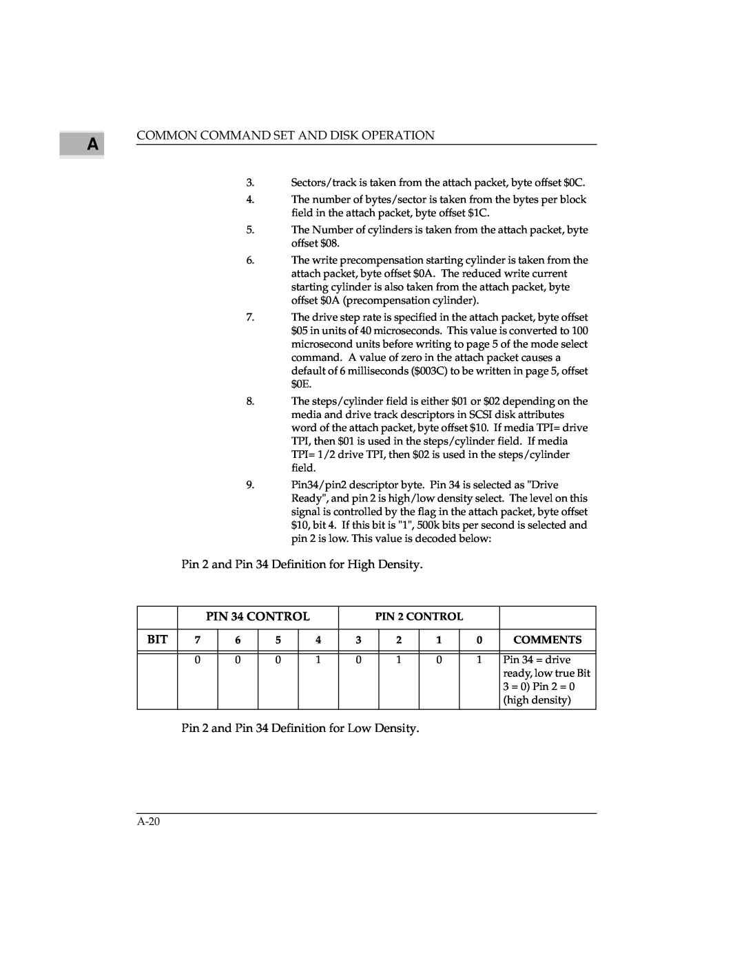 Emerson MVME147 manual PIN 34 CONTROL, Common Command Set And Disk Operation, Pin 2 and Pin 34 Definition for High Density 