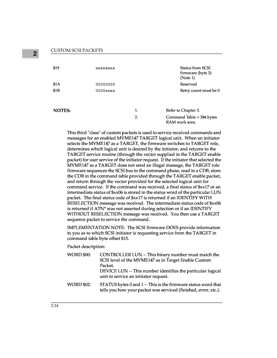 Emerson MVME147 manual Custom Scsi Packets, Notes 