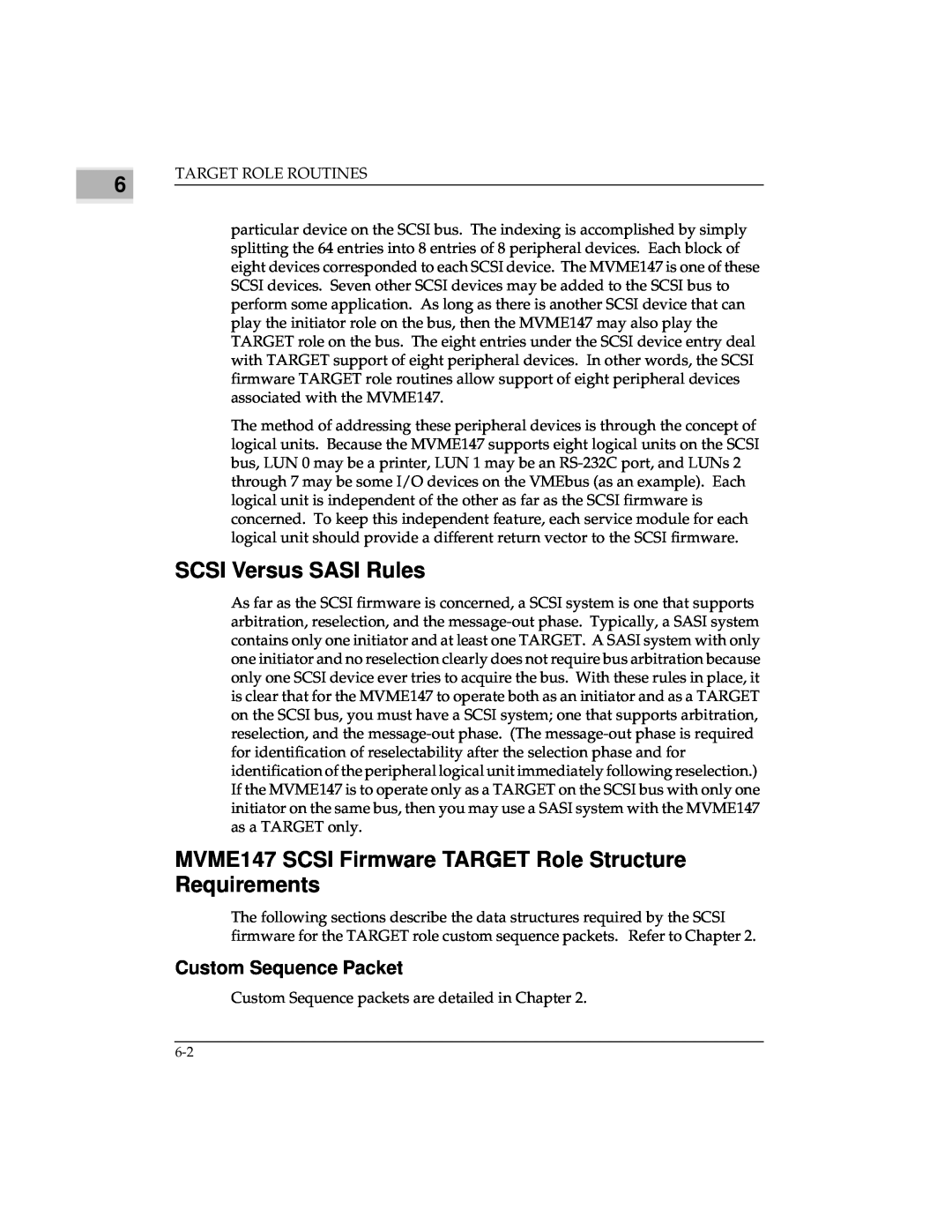 Emerson MVME147 manual SCSI Versus SASI Rules, Custom Sequence Packet 