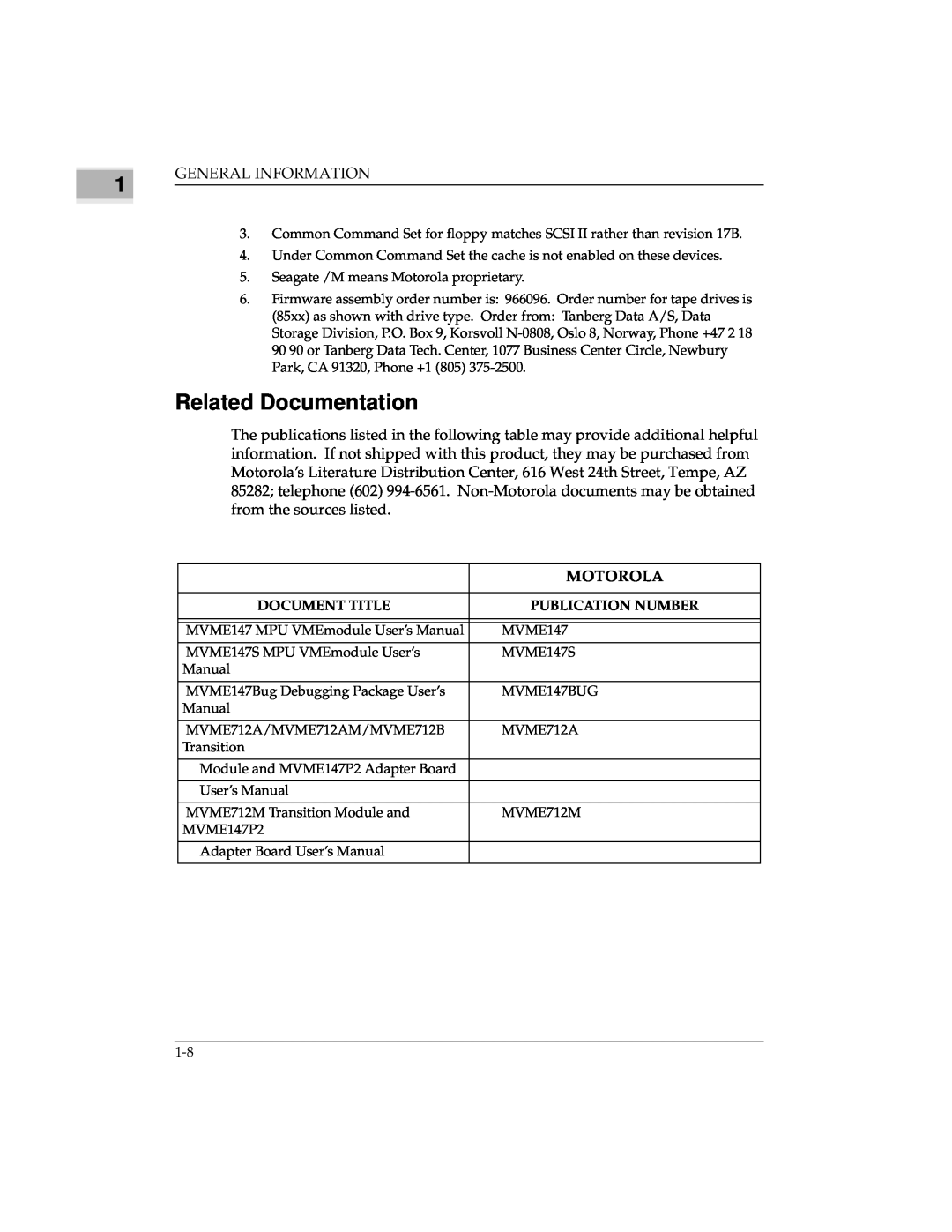 Emerson MVME147 manual Related Documentation, Motorola, Document Title, Publication Number 