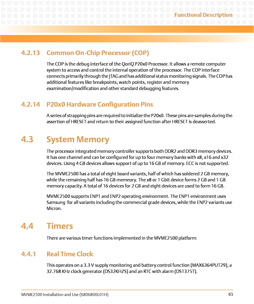 Emerson MVME2500 manual System Memory, Timers, Common On-Chip Processor COP, 4.2.14 P20x0 Hardware Configuration Pins 