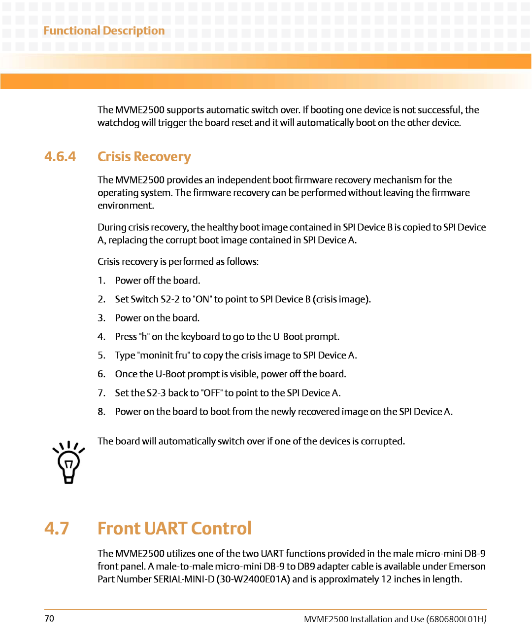 Emerson MVME2500 manual Front UART Control, Crisis Recovery, Functional Description 