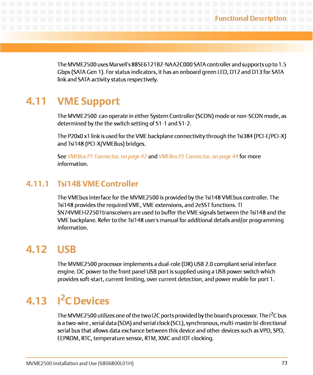 Emerson MVME2500 manual VME Support, 4.12 USB, 4.13 I2C Devices, 4.11.1 Tsi148 VME Controller, Functional Description 
