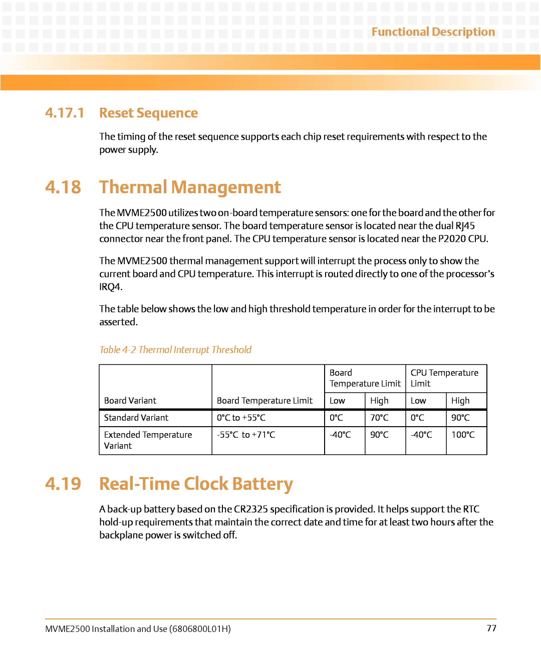 Emerson MVME2500 manual Thermal Management, Real-Time Clock Battery, Reset Sequence, 2 Thermal Interrupt Threshold 