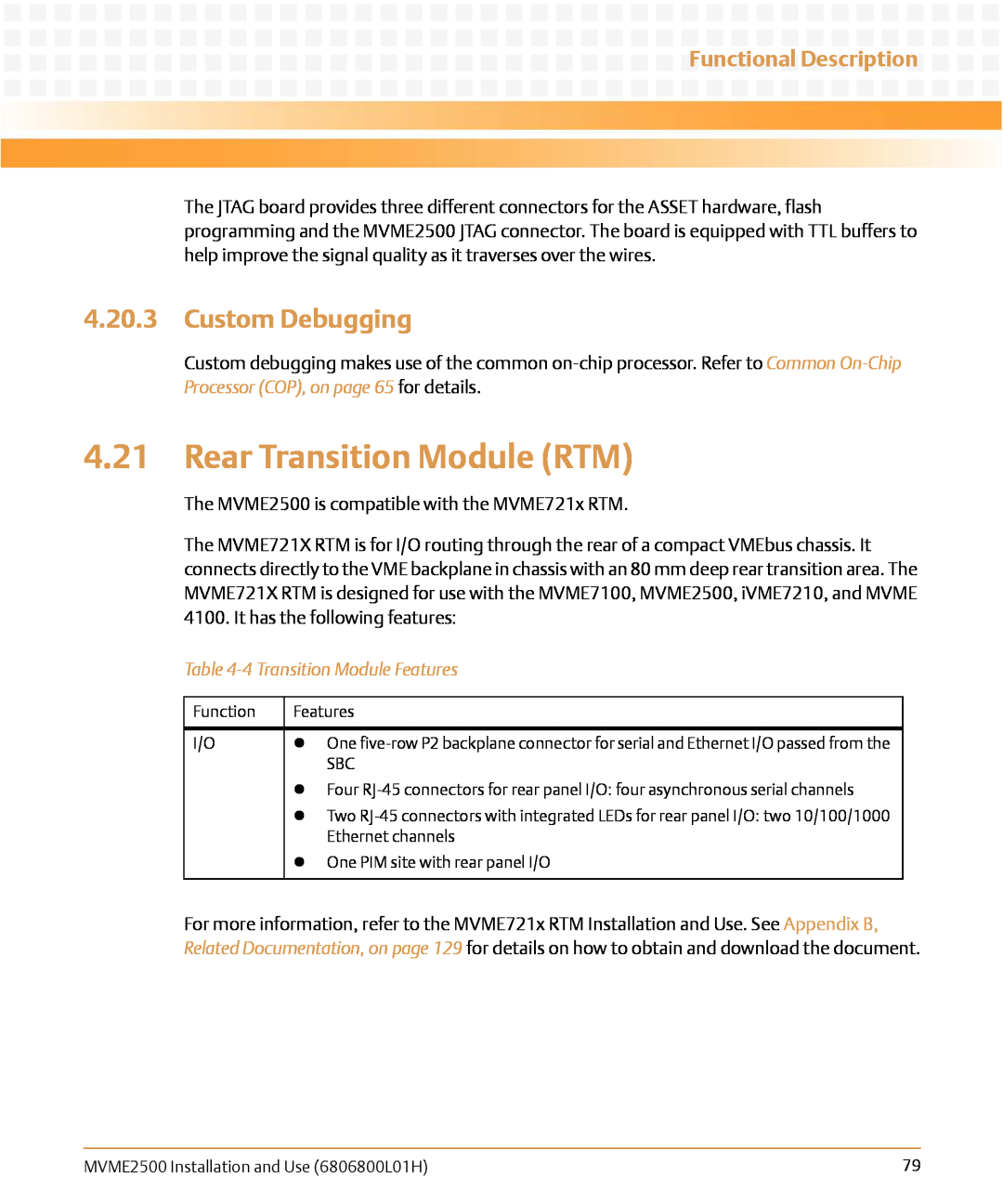 Emerson MVME2500 manual Rear Transition Module RTM, Custom Debugging, 4 Transition Module Features, Functional Description 