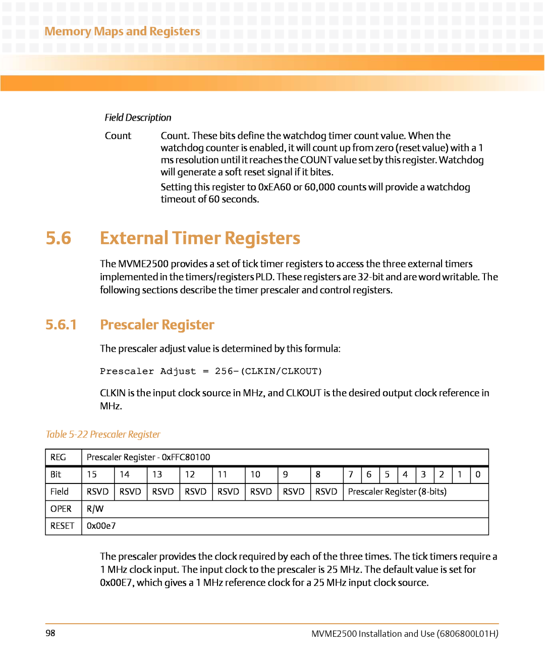 Emerson MVME2500 manual External Timer Registers, 22 Prescaler Register, Memory Maps and Registers, Field Description 