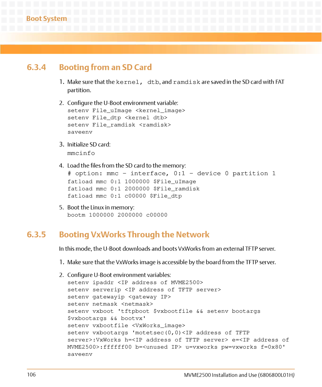 Emerson MVME2500 manual Booting from an SD Card, Booting VxWorks Through the Network 