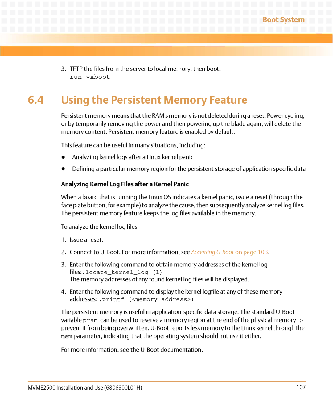 Emerson MVME2500 manual Using the Persistent Memory Feature, Analyzing Kernel Log Files after a Kernel Panic 