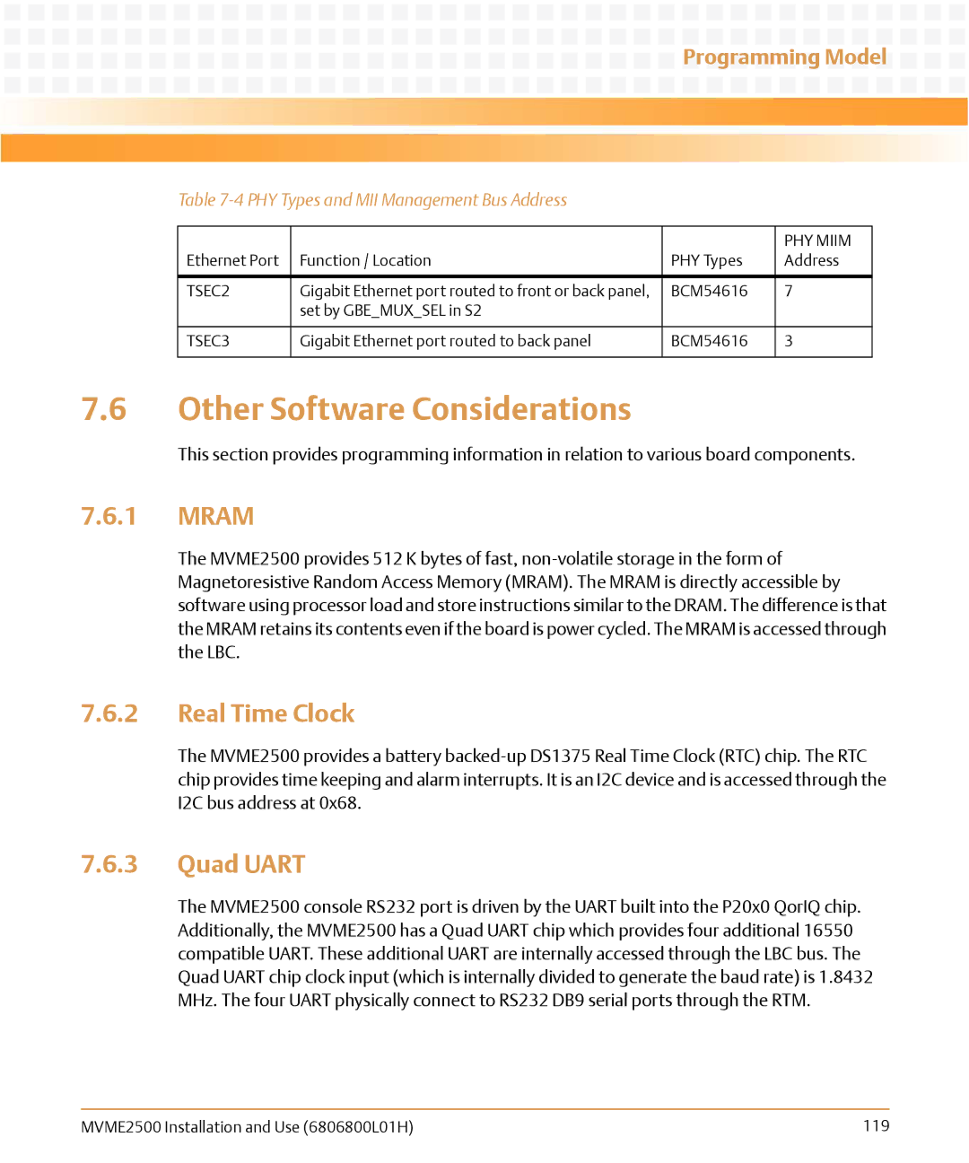 Emerson MVME2500 manual Other Software Considerations, Mram, Quad Uart, TSEC3 