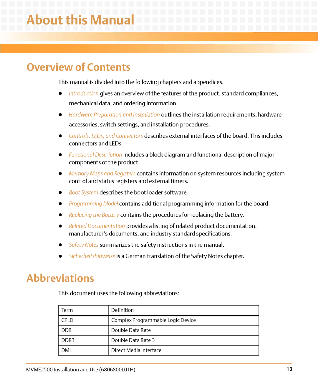 Emerson MVME2500 manual About this Manual, Overview of Contents, Abbreviations 