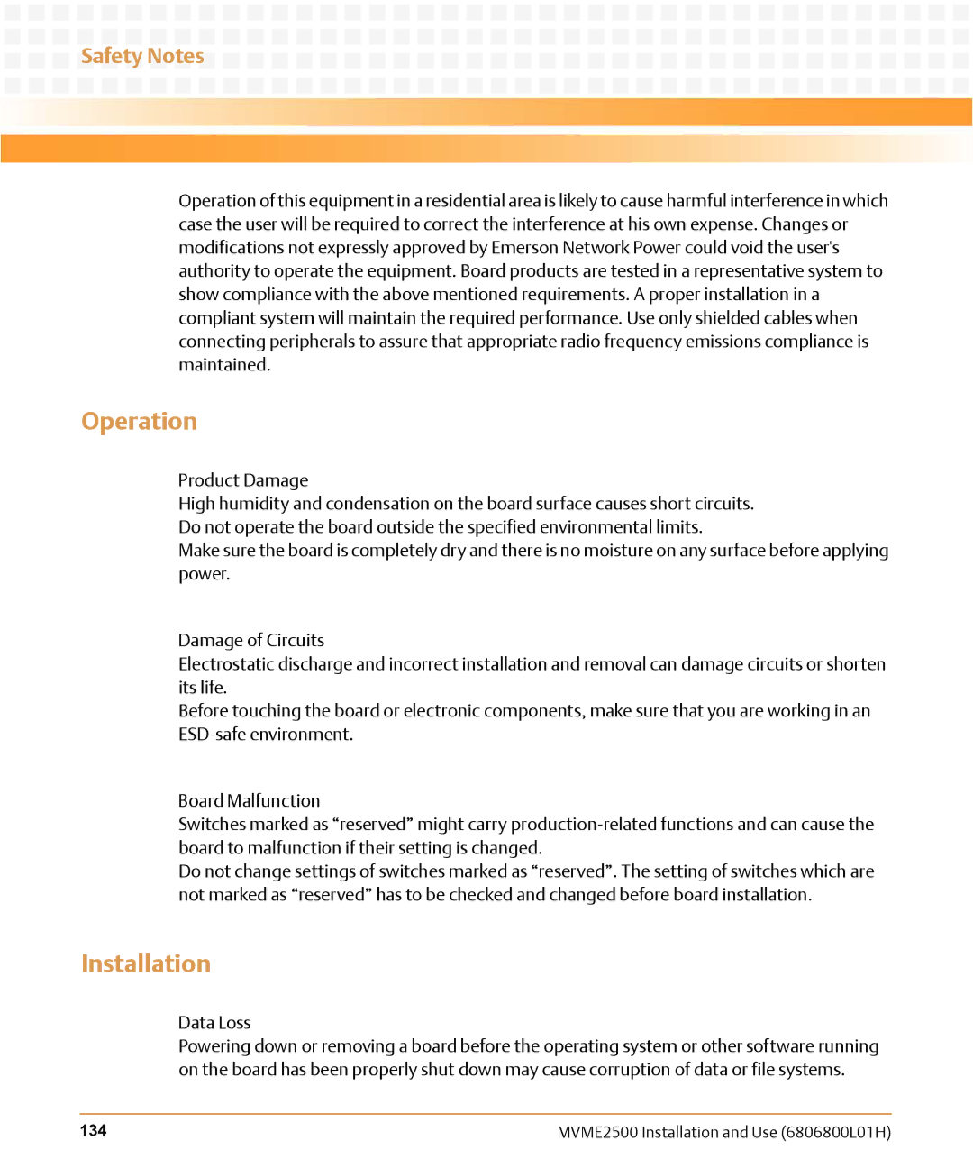 Emerson MVME2500 manual Operation, Installation, Safety Notes 