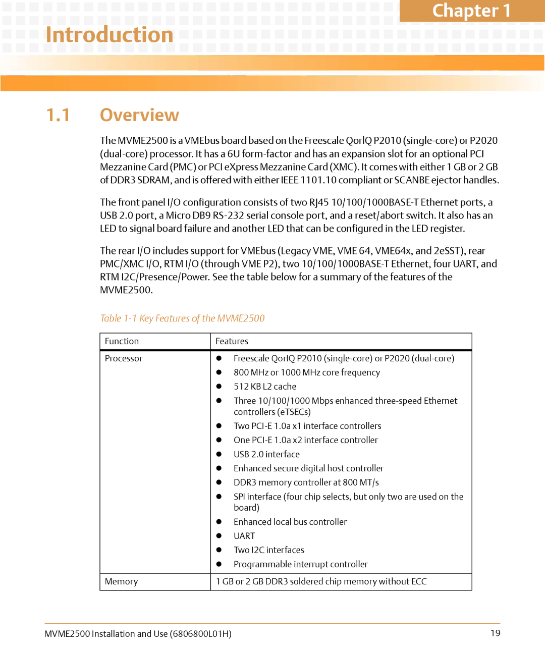 Emerson manual Introduction, Overview, Key Features of the MVME2500 