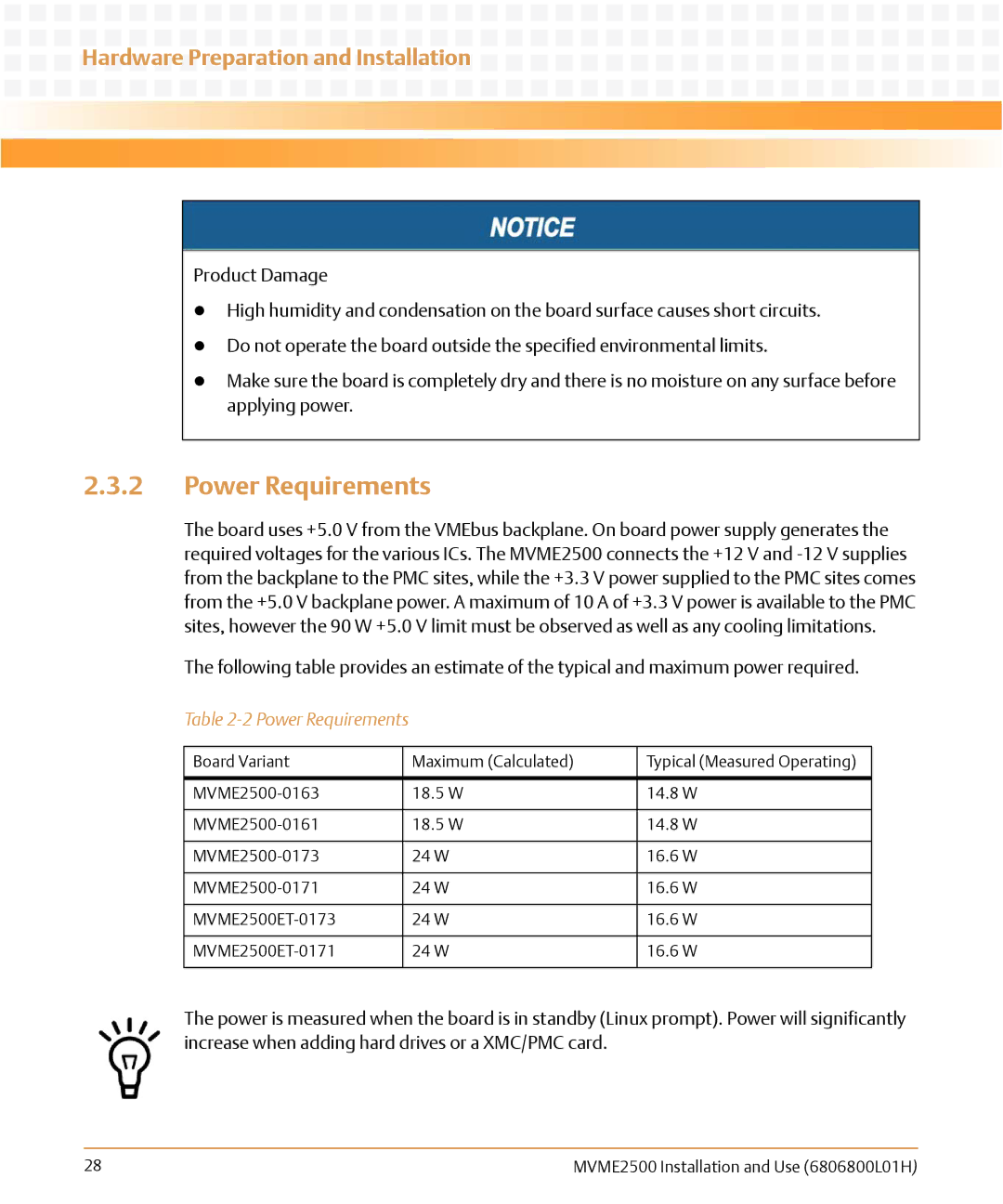 Emerson MVME2500 manual Power Requirements 