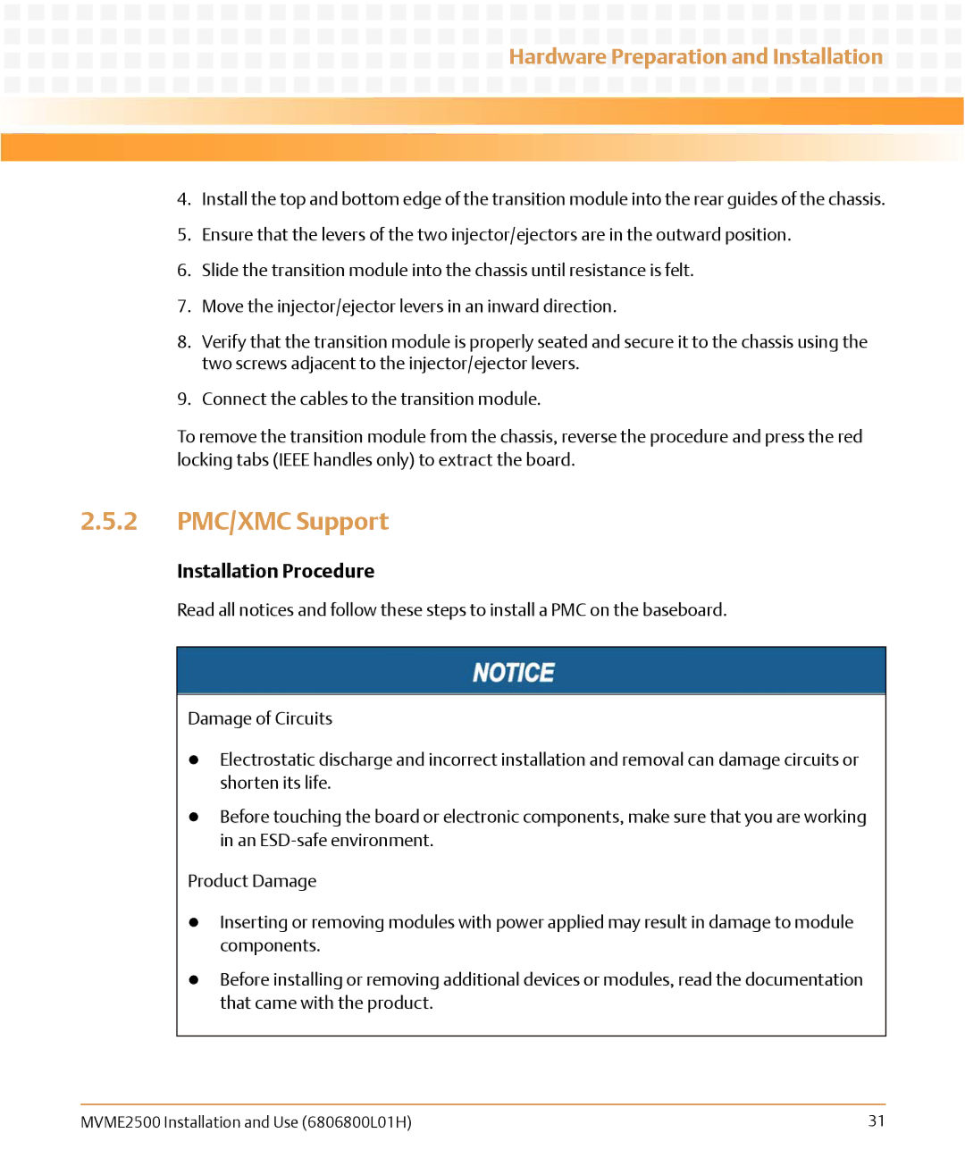 Emerson MVME2500 manual 2 PMC/XMC Support, Installation Procedure 