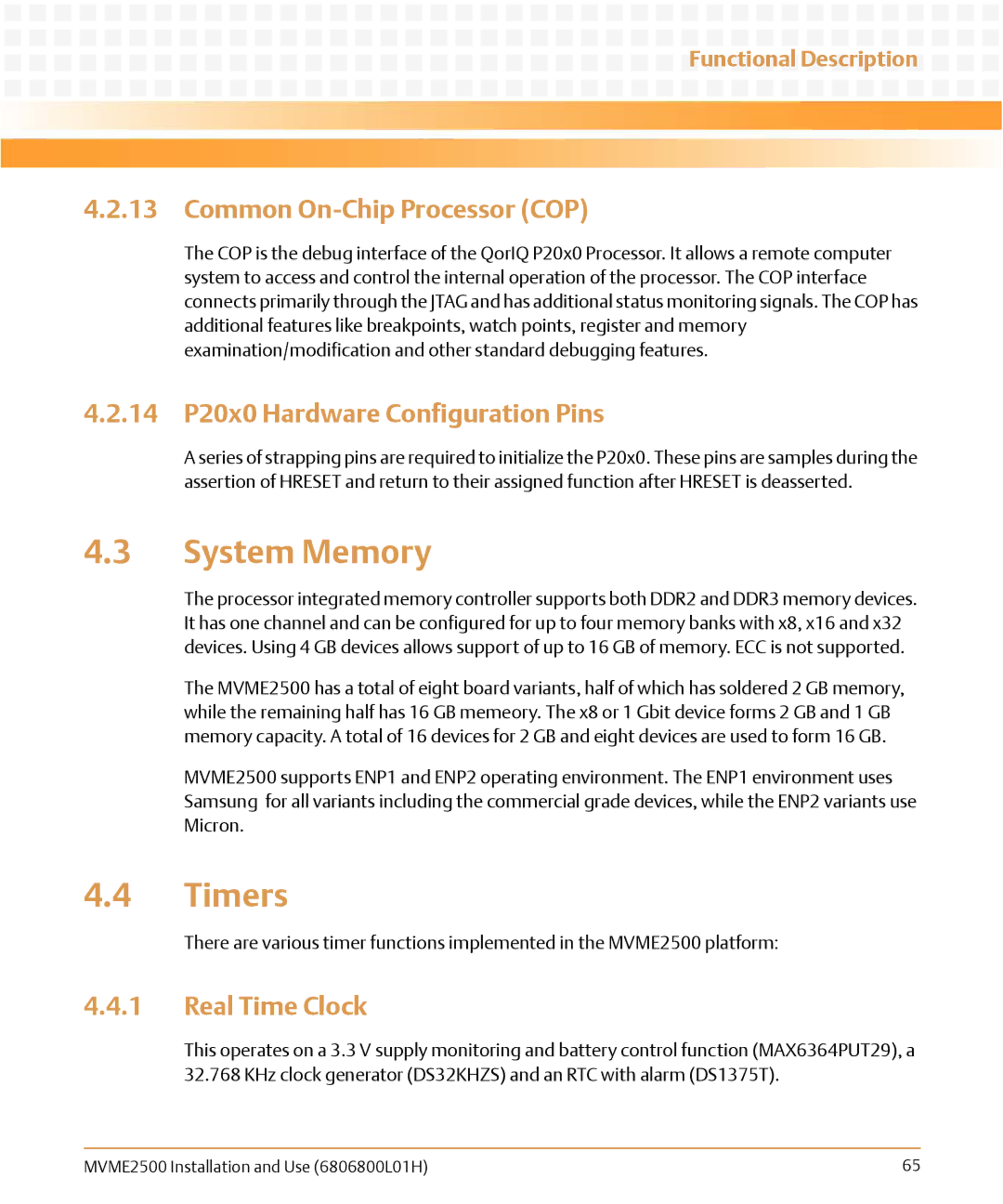 Emerson MVME2500 manual System Memory, Timers, Common On-Chip Processor COP, 14 P20x0 Hardware Configuration Pins 