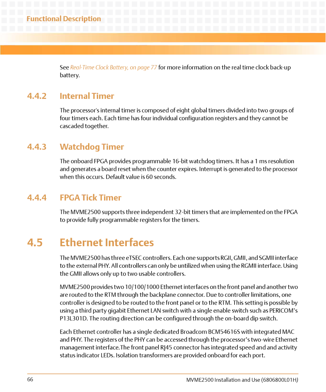 Emerson MVME2500 manual Ethernet Interfaces, Internal Timer, Watchdog Timer, Fpga Tick Timer 