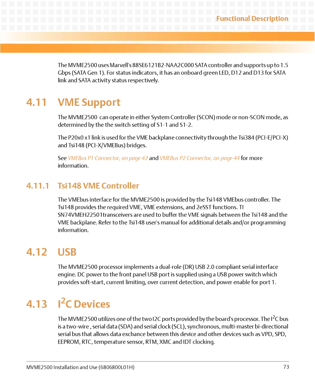 Emerson MVME2500 manual VME Support, 12 USB, 13 I2C Devices, 11.1 Tsi148 VME Controller 