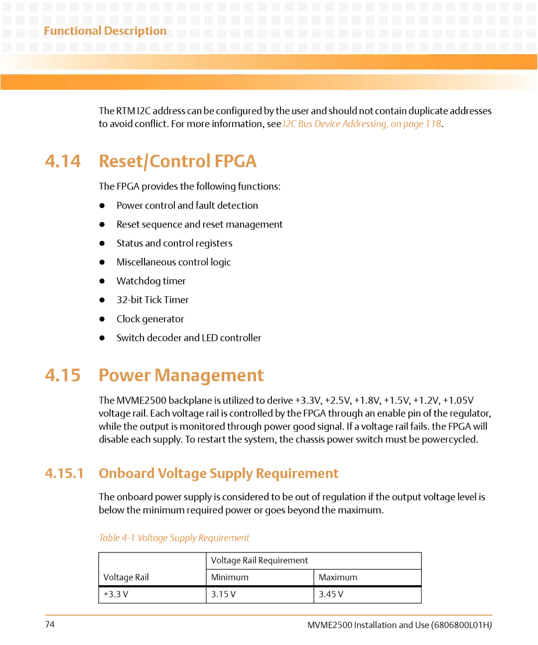 Emerson MVME2500 manual Reset/Control Fpga, Power Management, Onboard Voltage Supply Requirement 