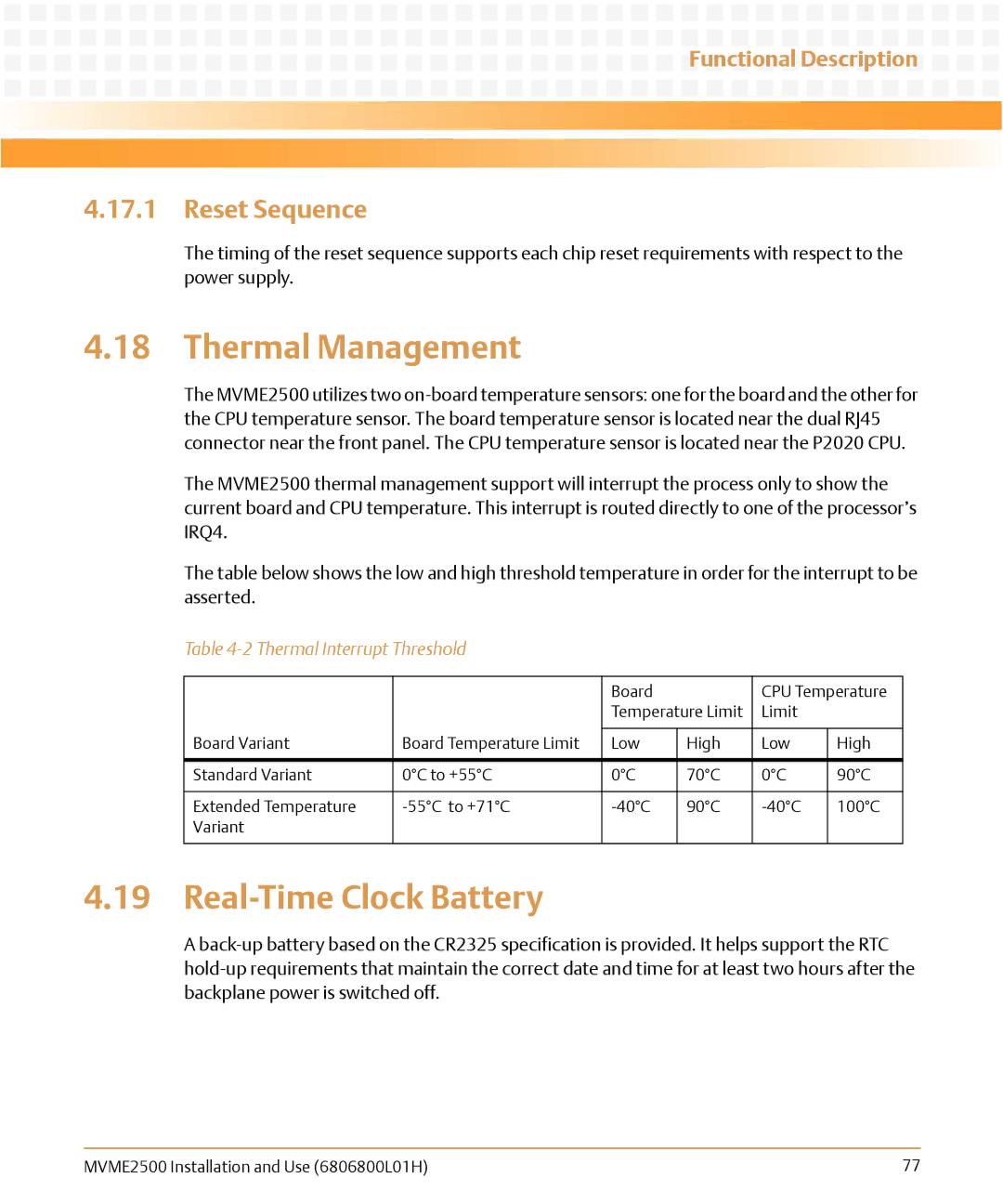 Emerson MVME2500 manual Thermal Management, Real-Time Clock Battery, Reset Sequence, Thermal Interrupt Threshold 