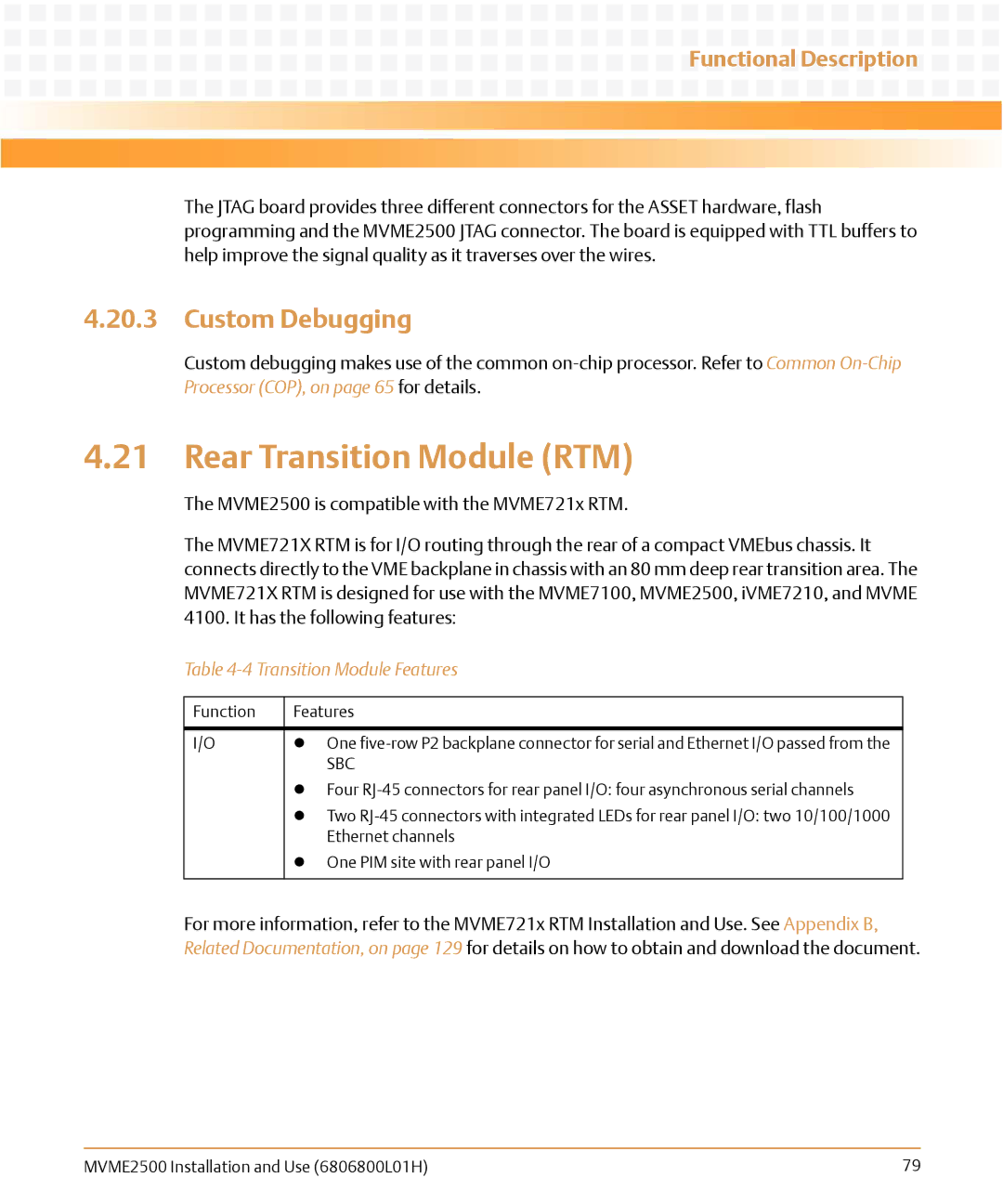 Emerson MVME2500 manual Rear Transition Module RTM, Custom Debugging, Transition Module Features, Sbc 