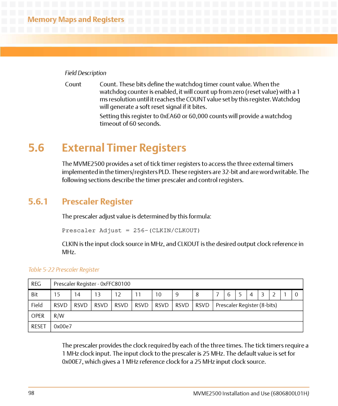 Emerson MVME2500 manual External Timer Registers, Prescaler Register 