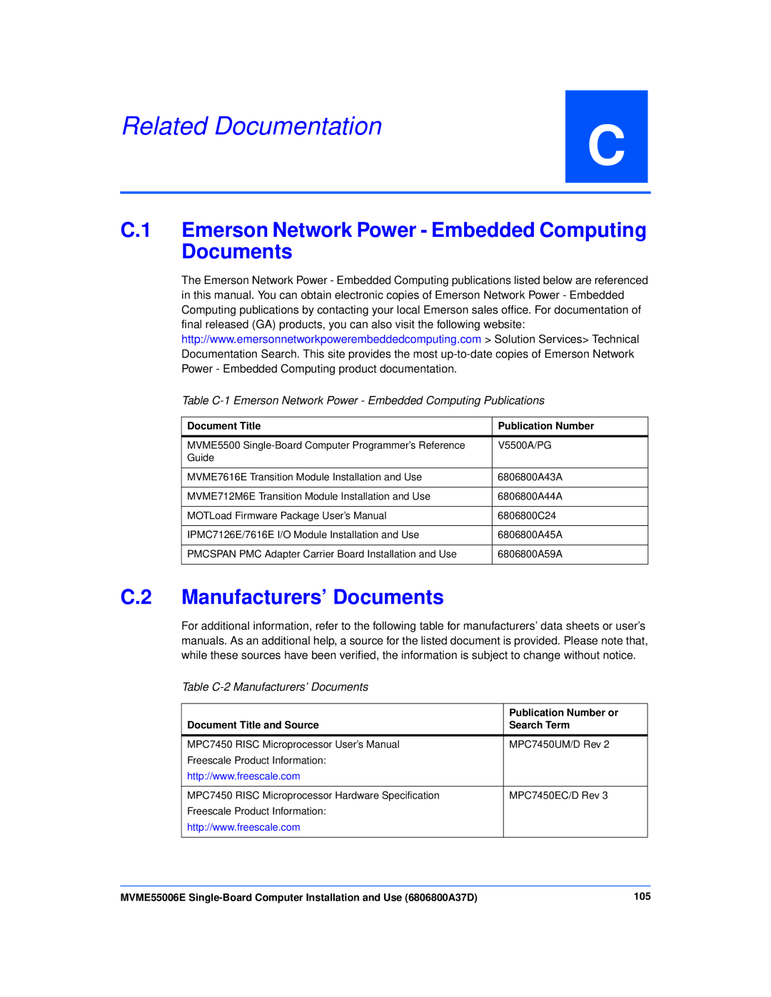 Emerson MVME55006E Related Documentation, Emerson Network Power Embedded Computing Documents, Manufacturers’ Documents 