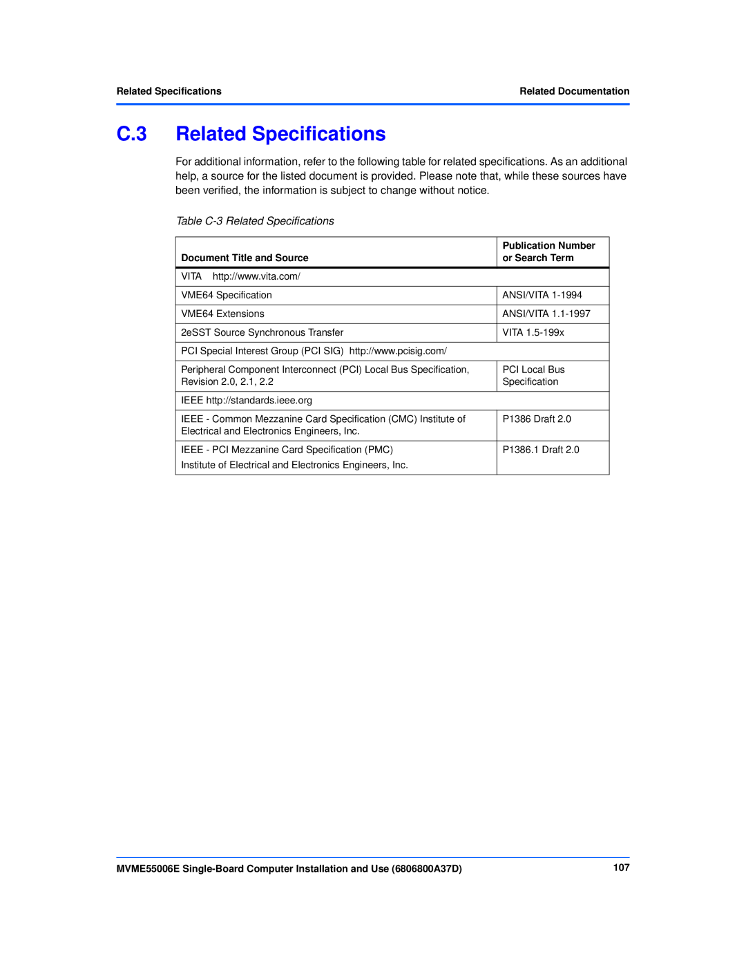 Emerson MVME55006E manual Table C-3 Related Specifications, Document Title and Source Or Search Term 