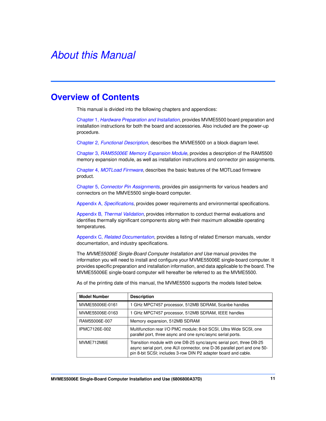 Emerson MVME55006E manual About this Manual, Overview of Contents 