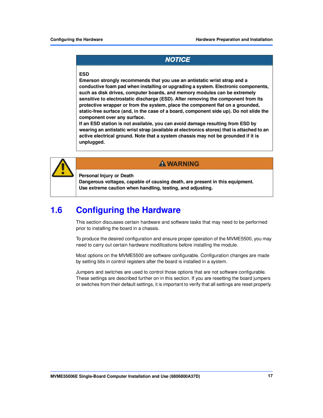 Emerson MVME55006E manual Configuring the Hardware 