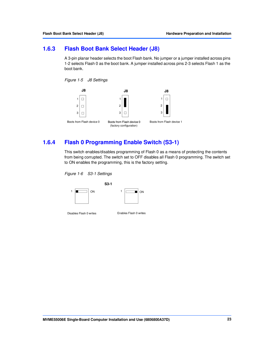 Emerson MVME55006E manual Flash Boot Bank Select Header J8, Flash 0 Programming Enable Switch S3-1 