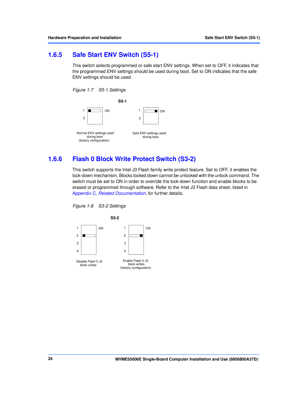 Emerson MVME55006E manual Safe Start ENV Switch S5-1, Flash 0 Block Write Protect Switch S3-2, S5-1 Settings 