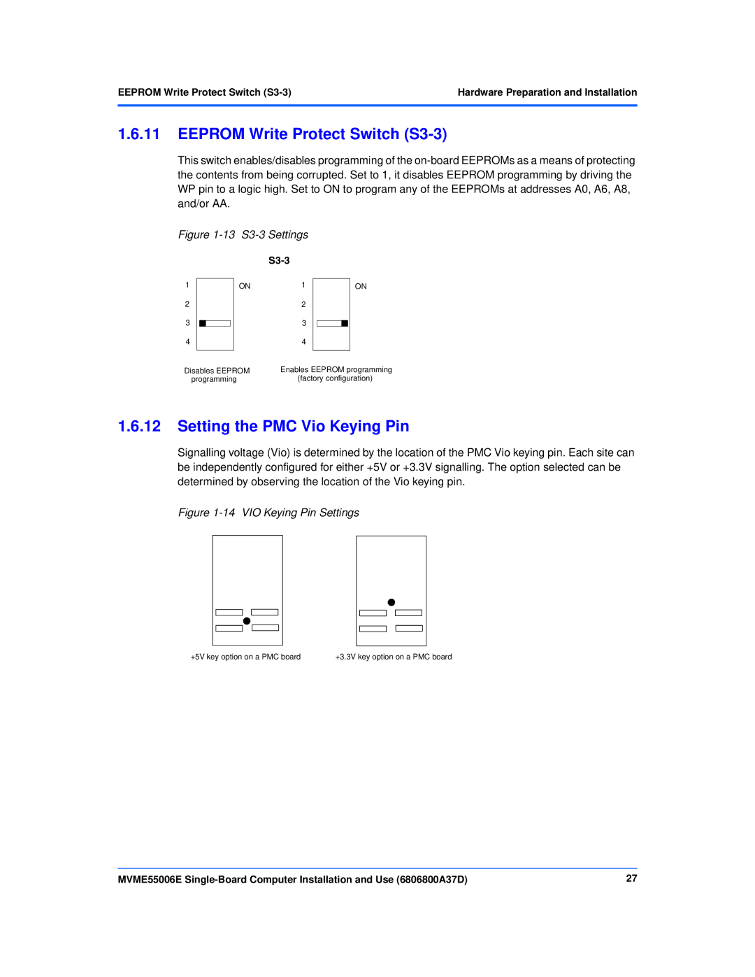 Emerson MVME55006E manual Eeprom Write Protect Switch S3-3, Setting the PMC Vio Keying Pin, S3-3 Settings 