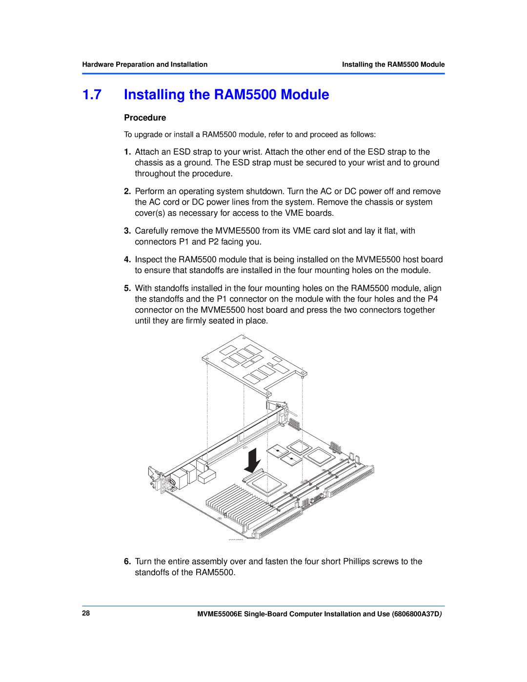 Emerson MVME55006E manual Installing the RAM5500 Module, Procedure 