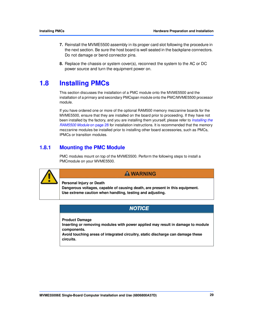 Emerson MVME55006E manual Installing PMCs, Mounting the PMC Module 