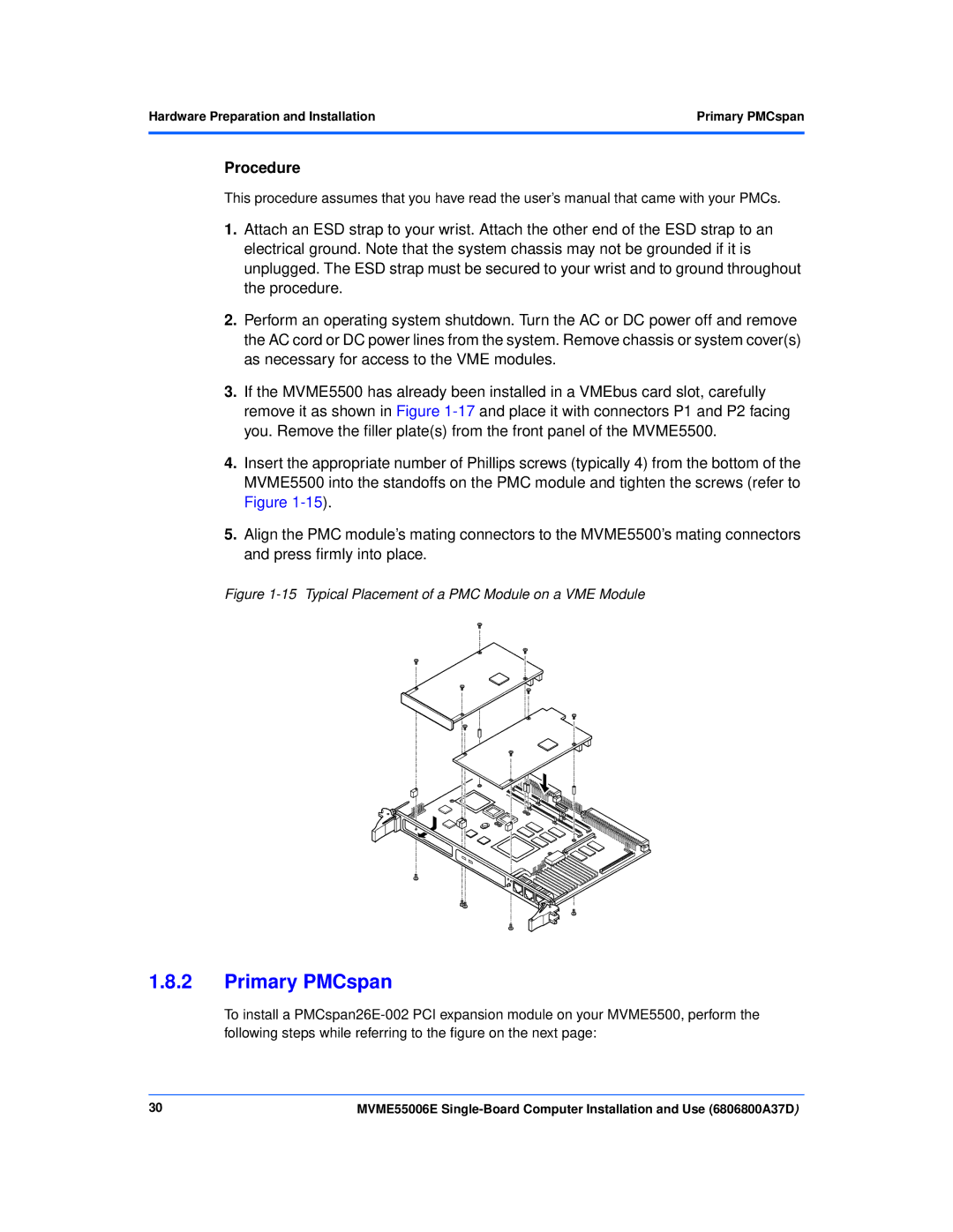 Emerson MVME55006E manual Primary PMCspan, Typical Placement of a PMC Module on a VME Module 