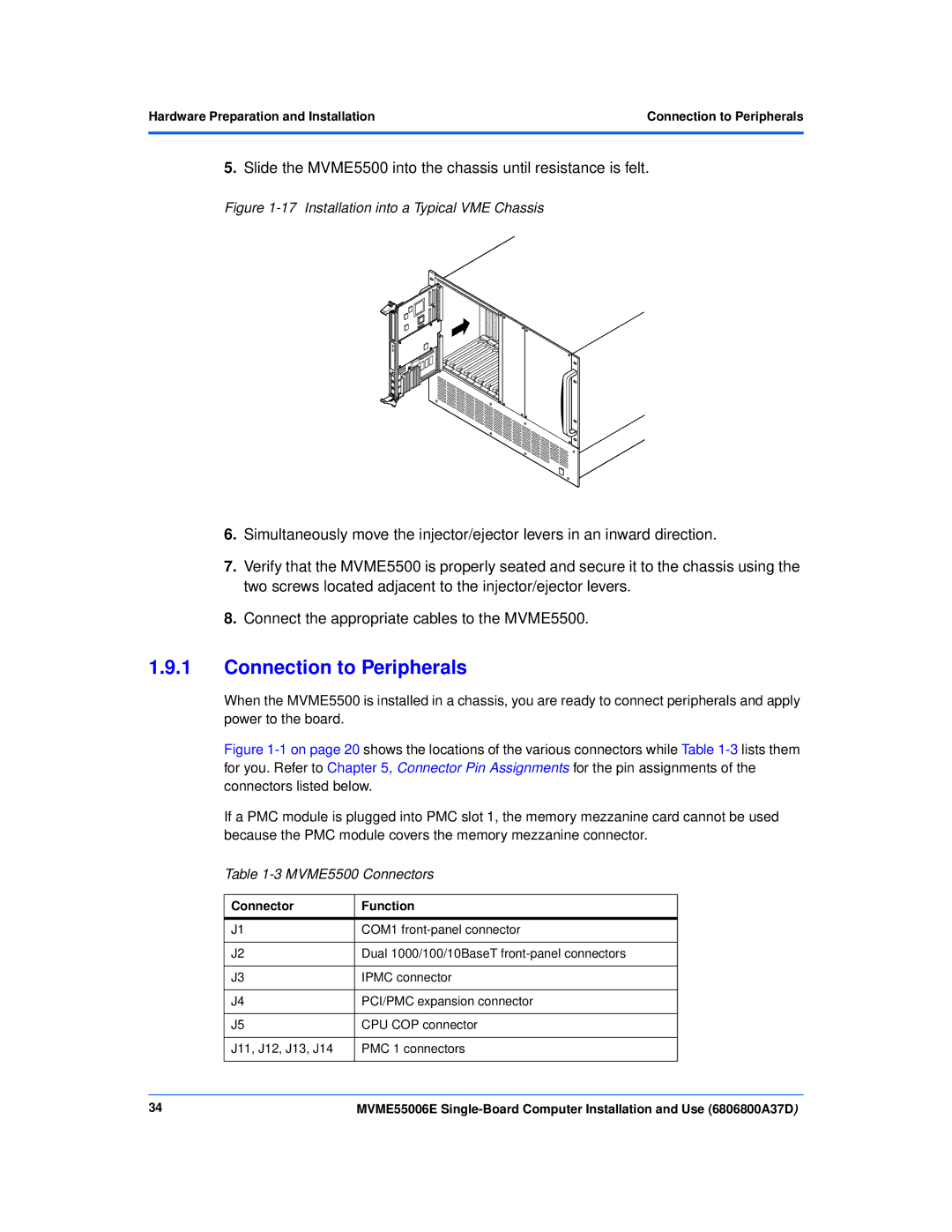 Emerson MVME55006E manual Connection to Peripherals, MVME5500 Connectors, Connector Function 