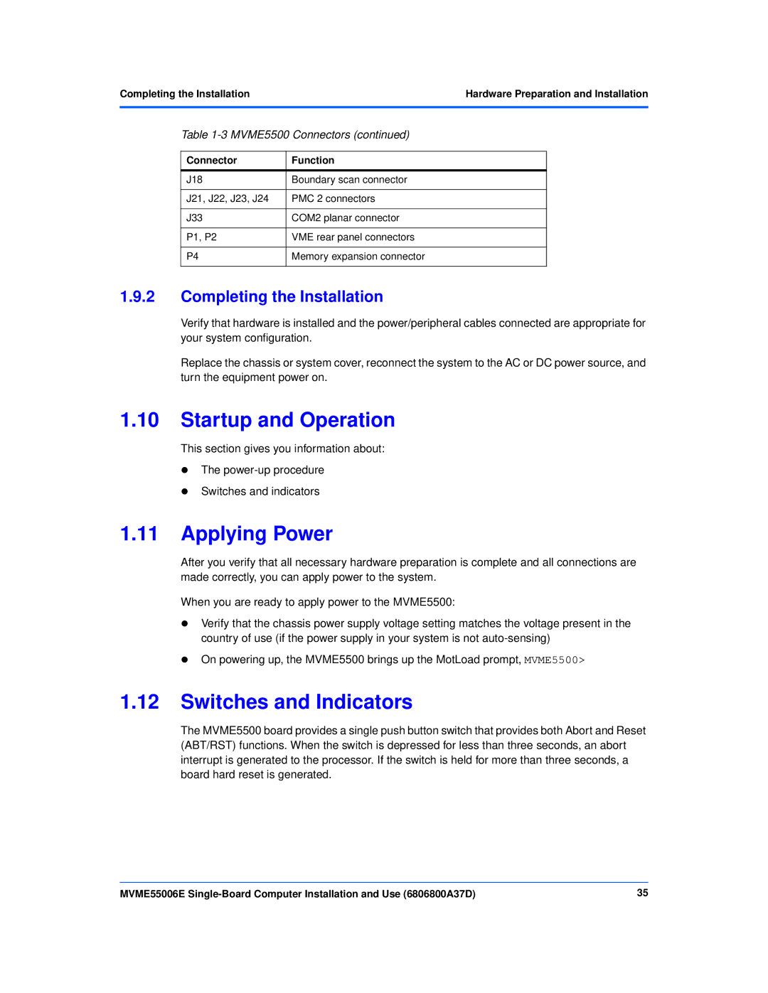 Emerson MVME55006E manual Startup and Operation, Applying Power, Switches and Indicators, Completing the Installation 