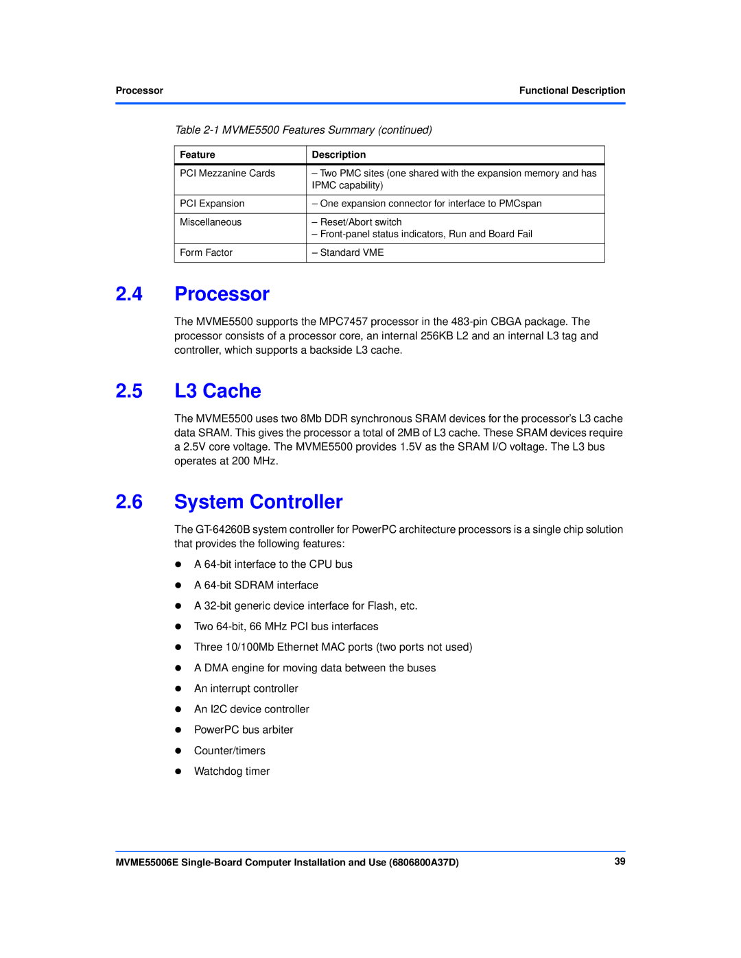 Emerson MVME55006E manual L3 Cache, System Controller, ProcessorFunctional Description 