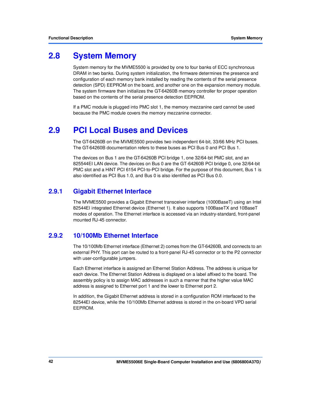 Emerson MVME55006E System Memory, PCI Local Buses and Devices, Gigabit Ethernet Interface, 2 10/100Mb Ethernet Interface 