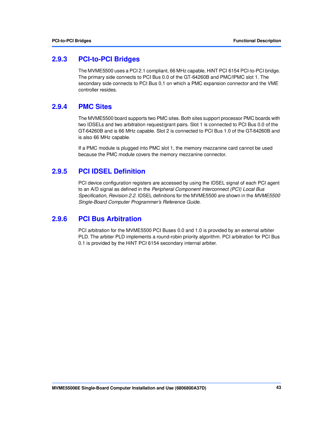 Emerson MVME55006E manual PCI-to-PCI Bridges, PMC Sites, PCI Idsel Definition, PCI Bus Arbitration 