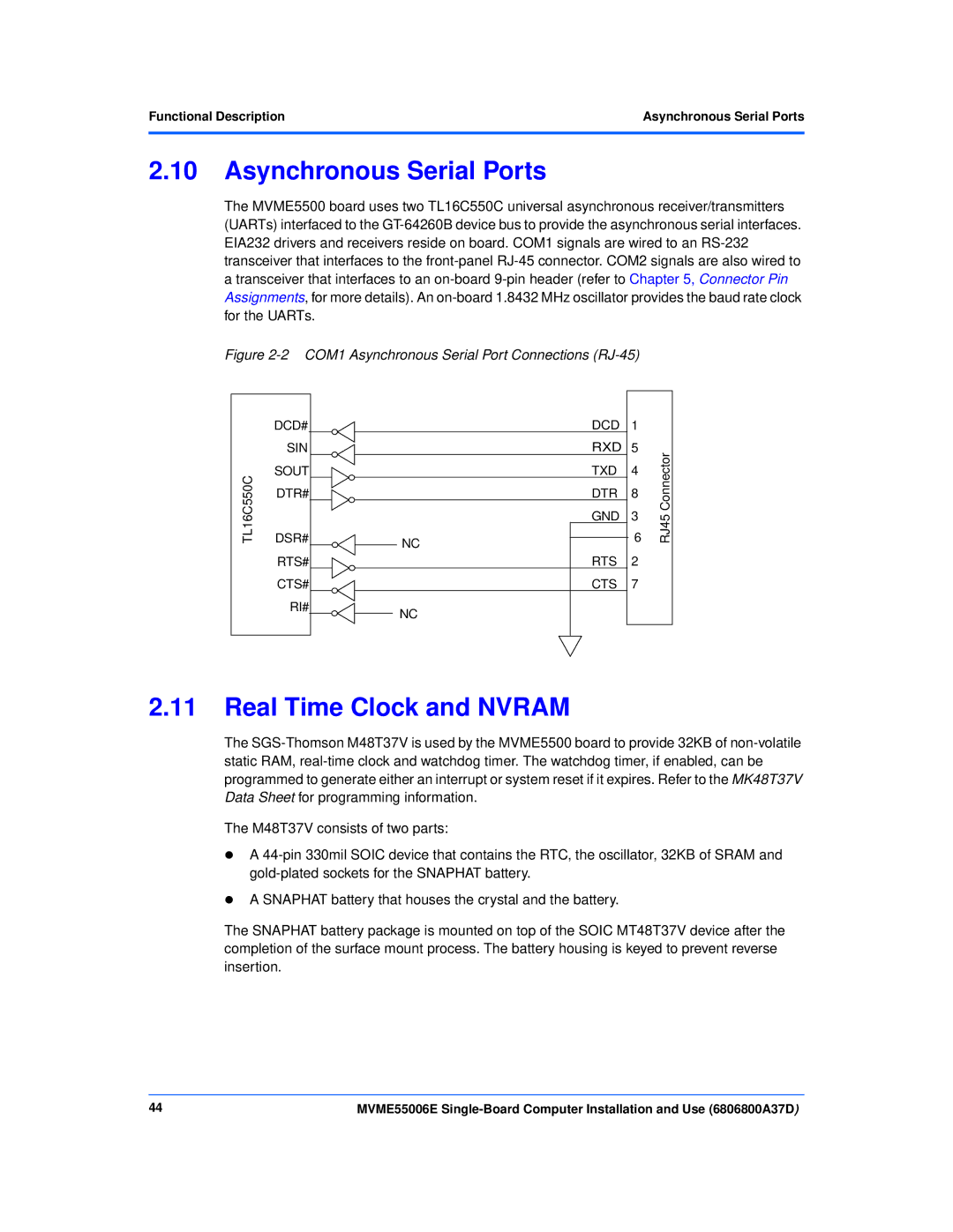 Emerson MVME55006E manual Asynchronous Serial Ports, Real Time Clock and Nvram 