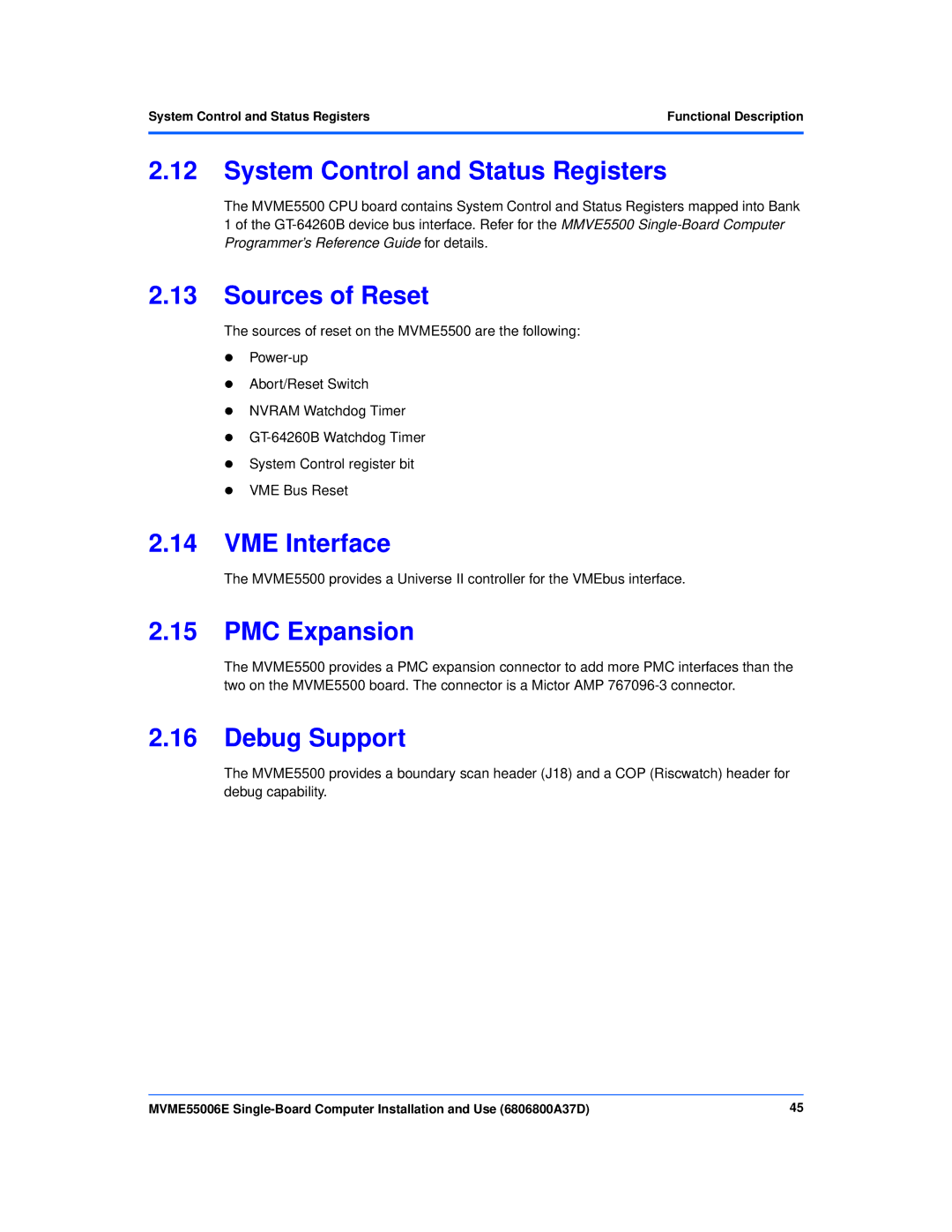 Emerson MVME55006E System Control and Status Registers, Sources of Reset, VME Interface, PMC Expansion, Debug Support 