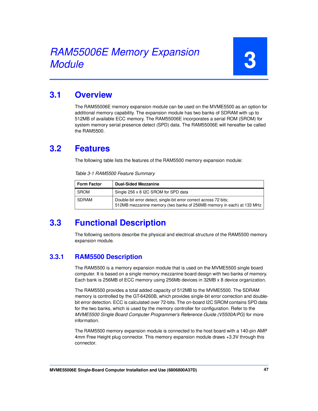 Emerson MVME55006E manual RAM55006E Memory Expansion Module, Functional Description, 1 RAM5500 Description 