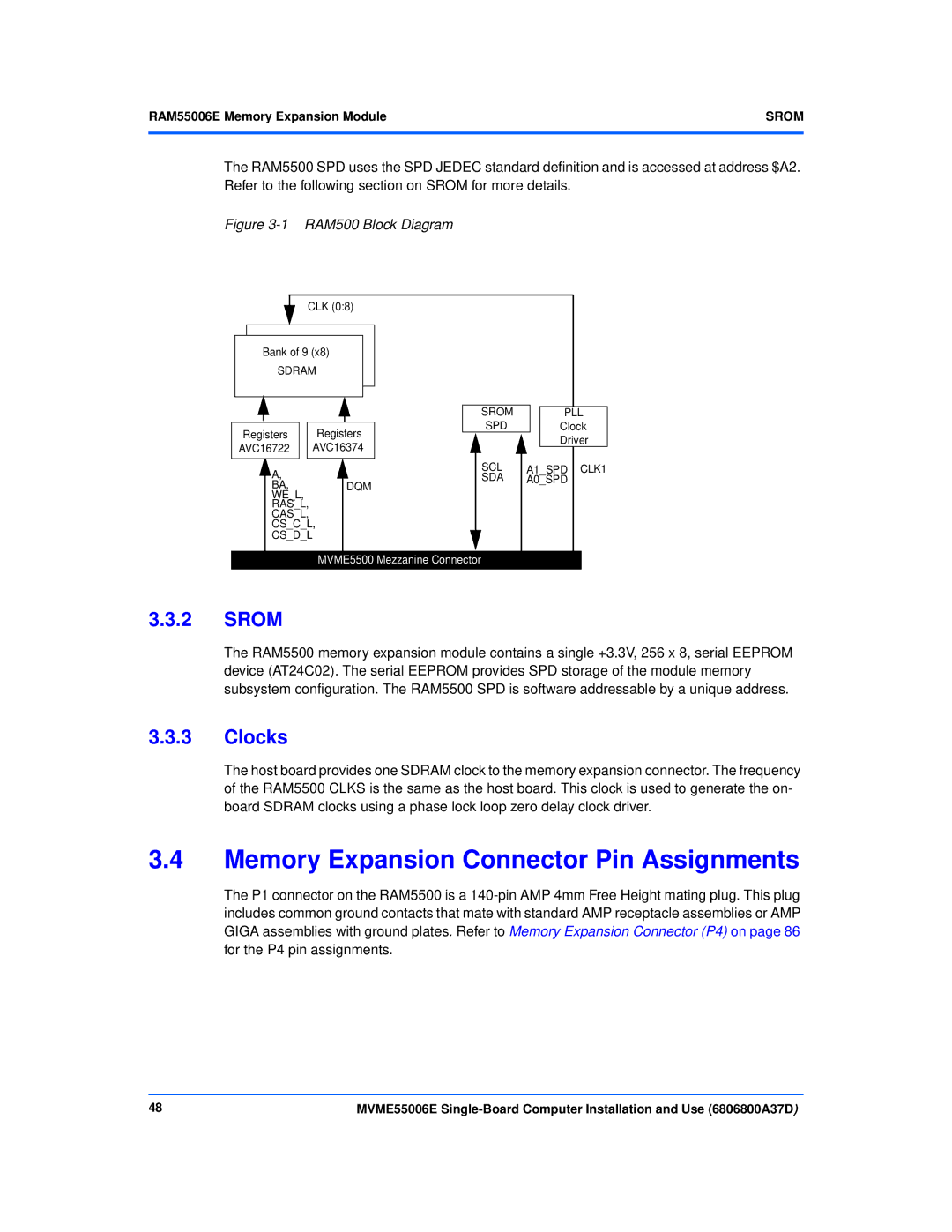 Emerson MVME55006E manual Memory Expansion Connector Pin Assignments, Srom, Clocks, RAM55006E Memory Expansion Module 