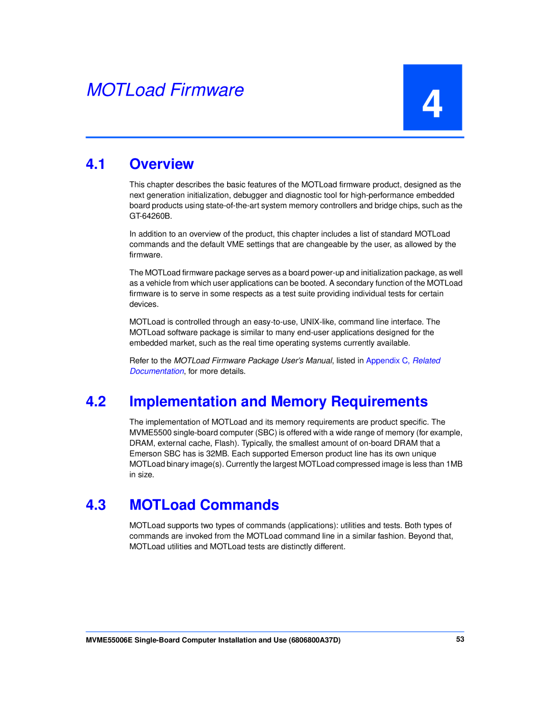 Emerson MVME55006E manual MOTLoad Firmware, Implementation and Memory Requirements, MOTLoad Commands 