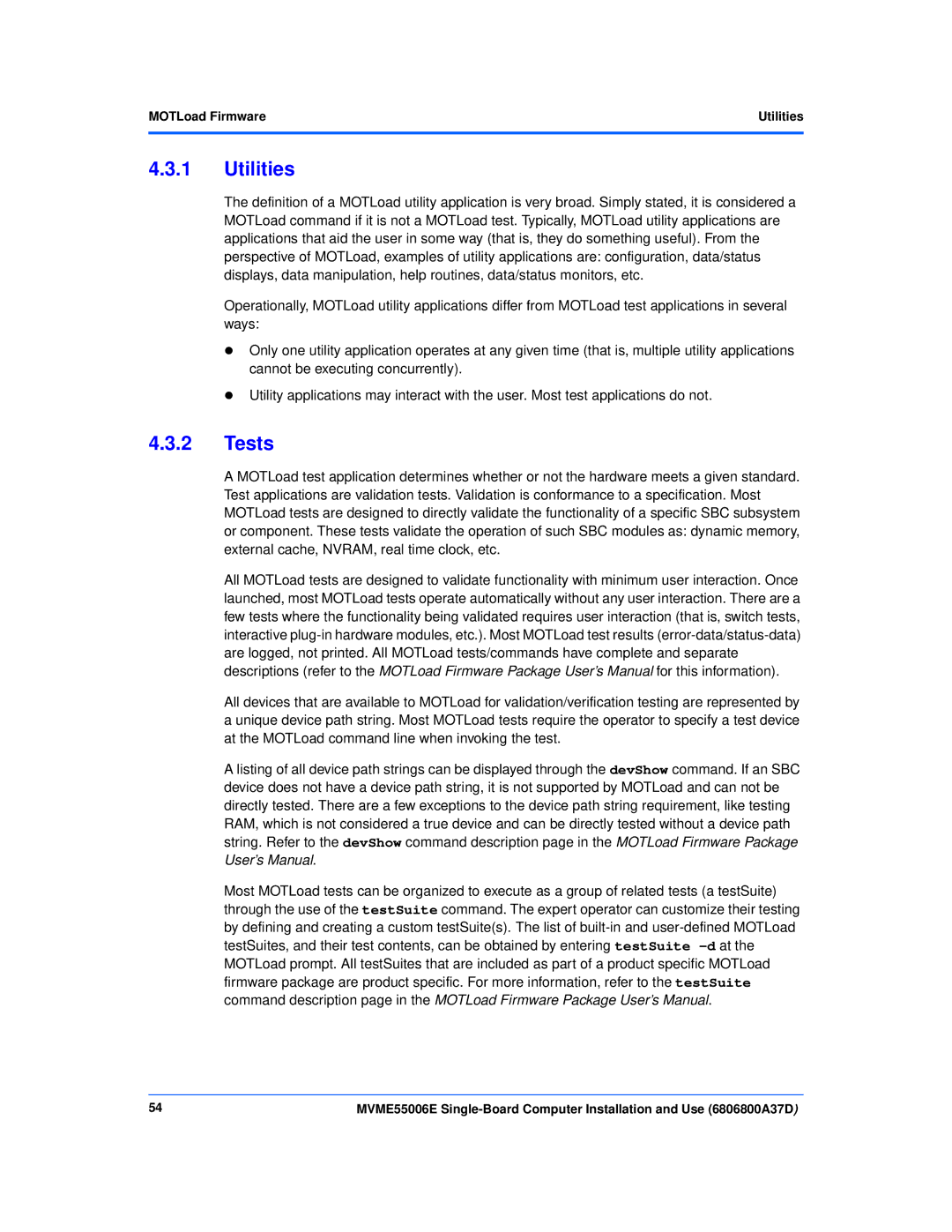 Emerson MVME55006E manual Utilities, Tests, MOTLoad Firmware 