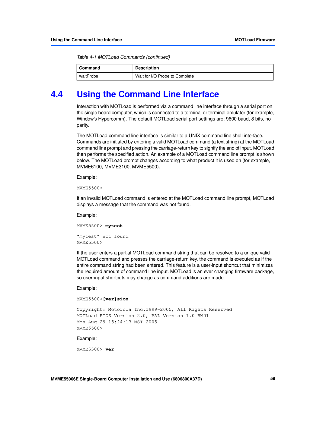 Emerson MVME55006E manual Using the Command Line InterfaceMOTLoad Firmware 