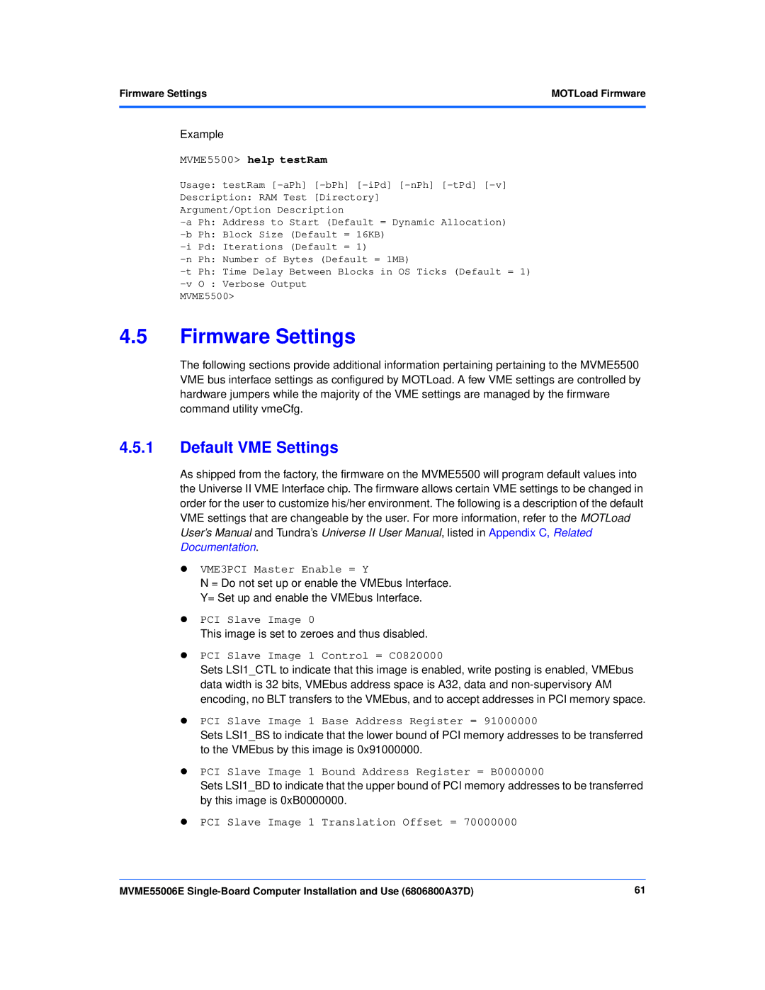 Emerson MVME55006E manual Default VME Settings, Firmware SettingsMOTLoad Firmware 