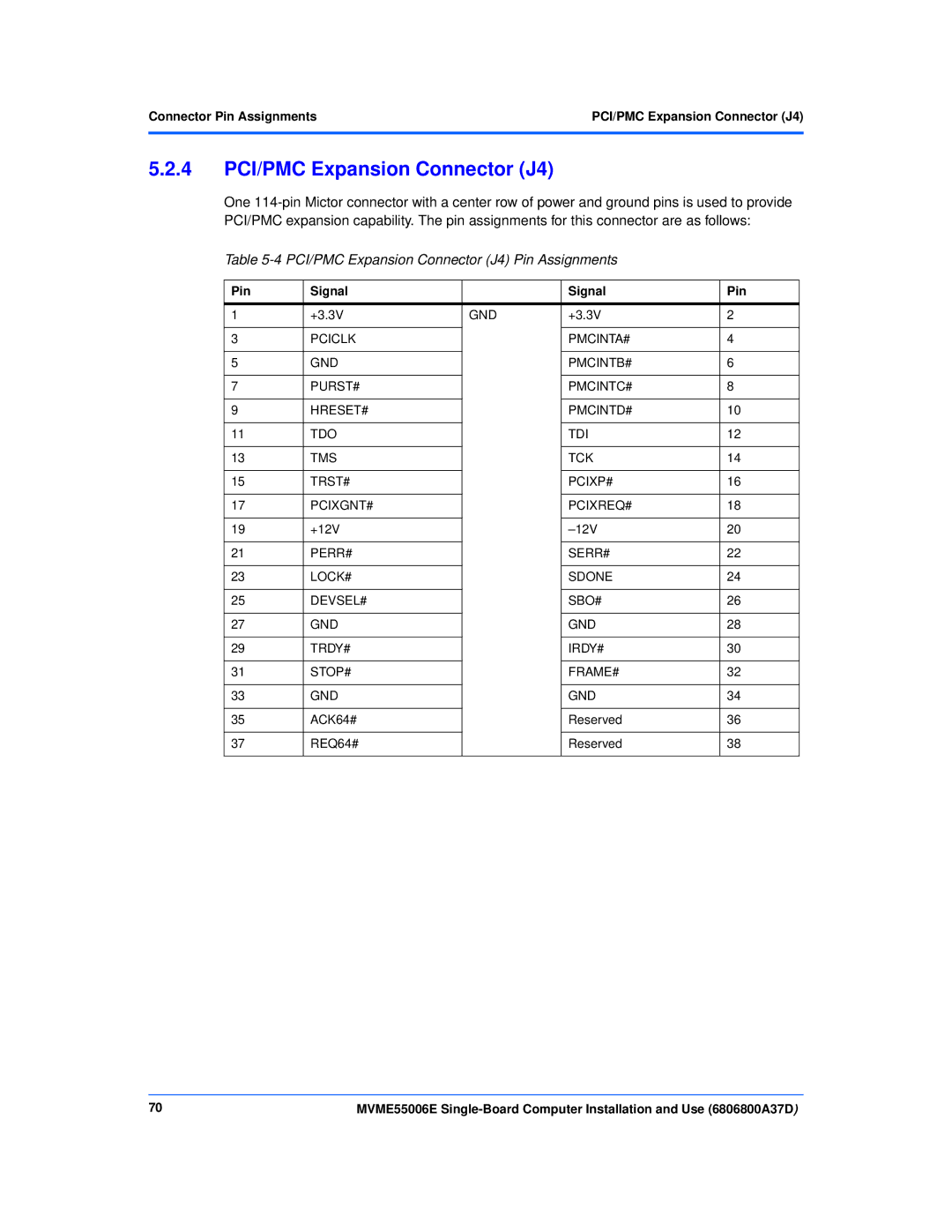 Emerson MVME55006E manual 4 PCI/PMC Expansion Connector J4, PCI/PMC Expansion Connector J4 Pin Assignments 