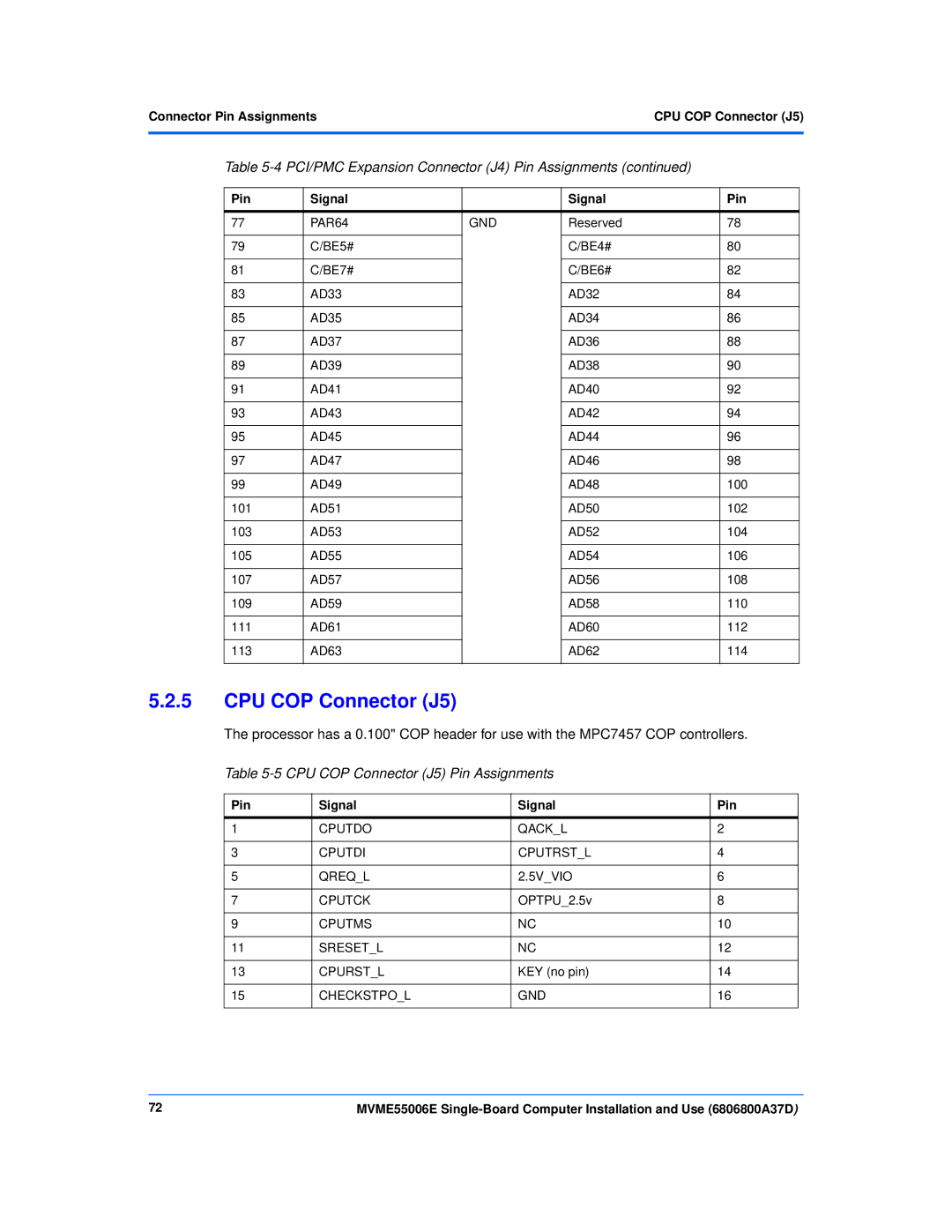 Emerson MVME55006E manual CPU COP Connector J5 Pin Assignments, Connector Pin AssignmentsCPU COP Connector J5 